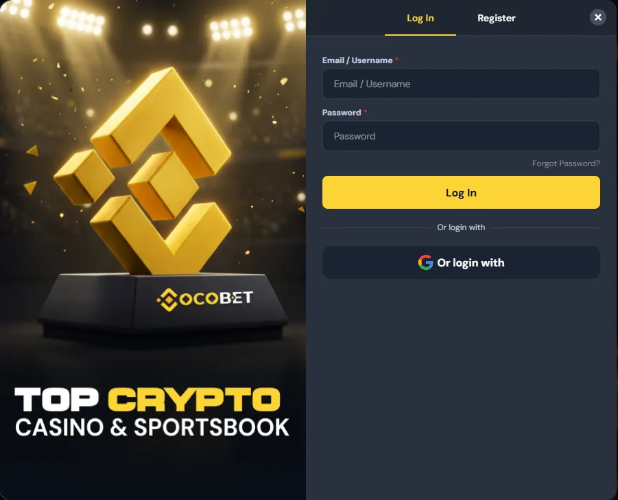 Cocobet login window with Google login option