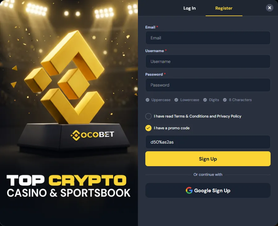 Cocobet registration form with the promo code d50%as2as entered